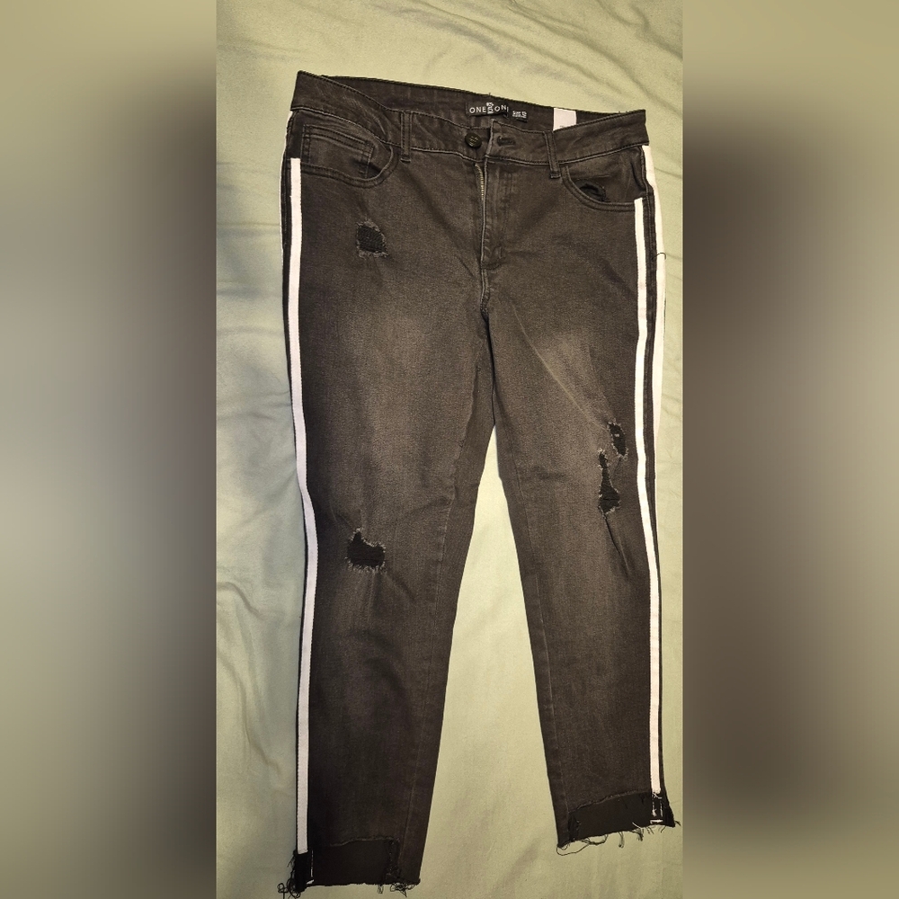 one 5 one Black Ankle Jeans with White Stripes